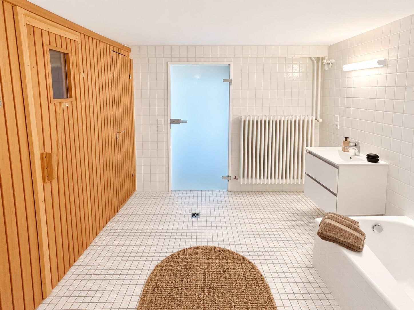 Badezimmer mit holzverkleideter Sauna, Waschtisch und satinierter Glastür
