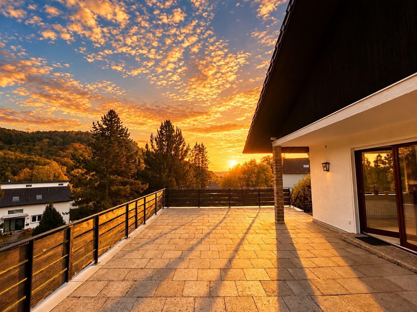 Terrasse entlang der Hausfassade mit Blick ins Grüne im Abendlicht